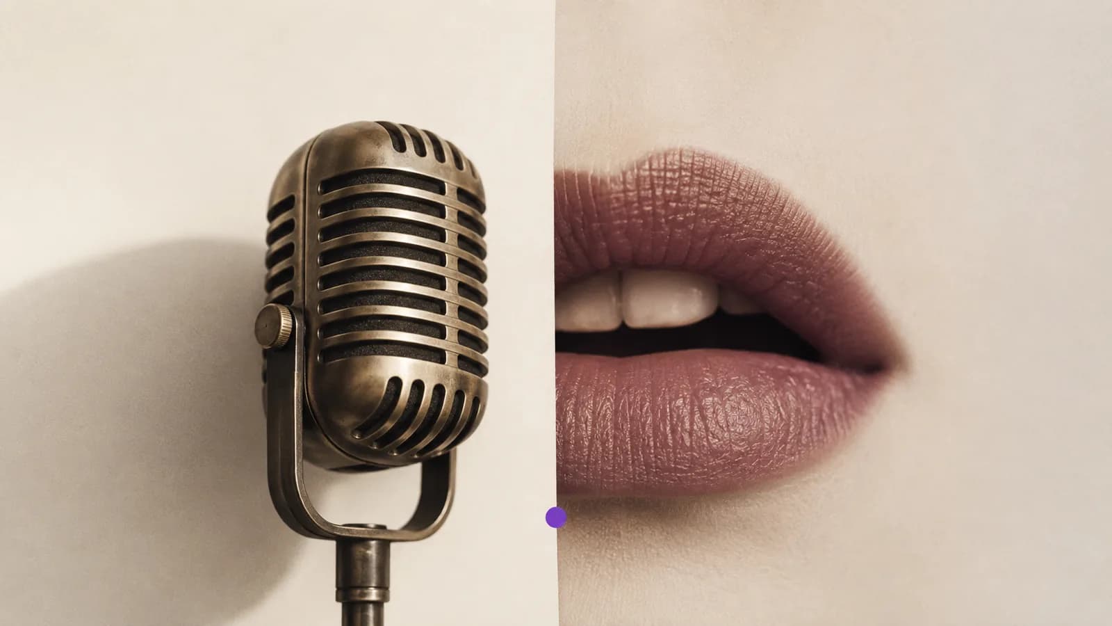 A microphone and a closely cropped mouth on a split background.