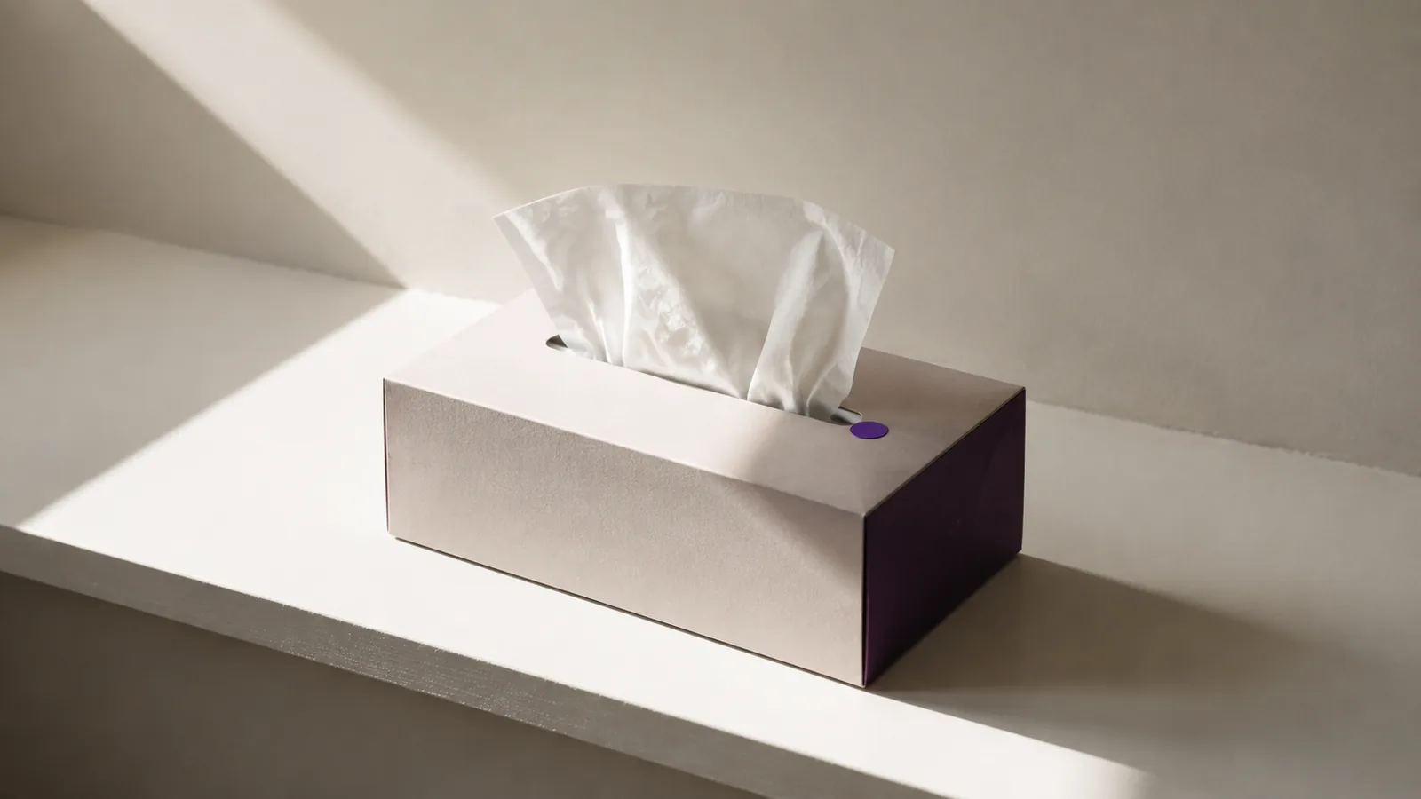 A tissue box on a windowsill with hard sunlight falling across it.