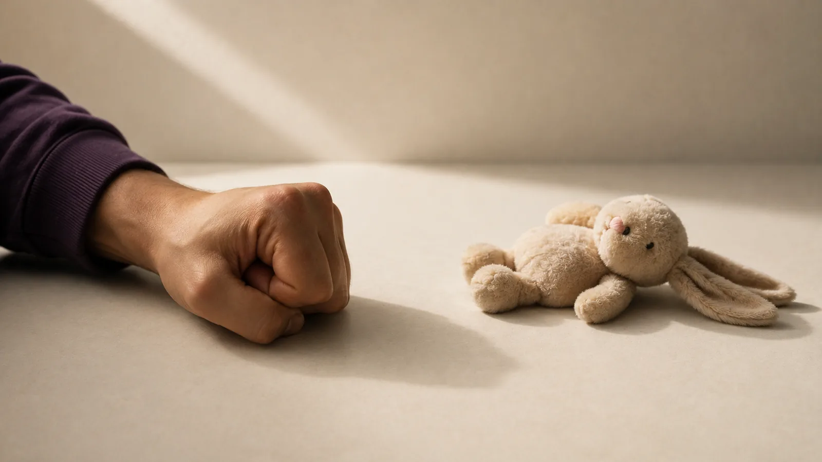 A tightly clenched fist resting beside a small plush toy.