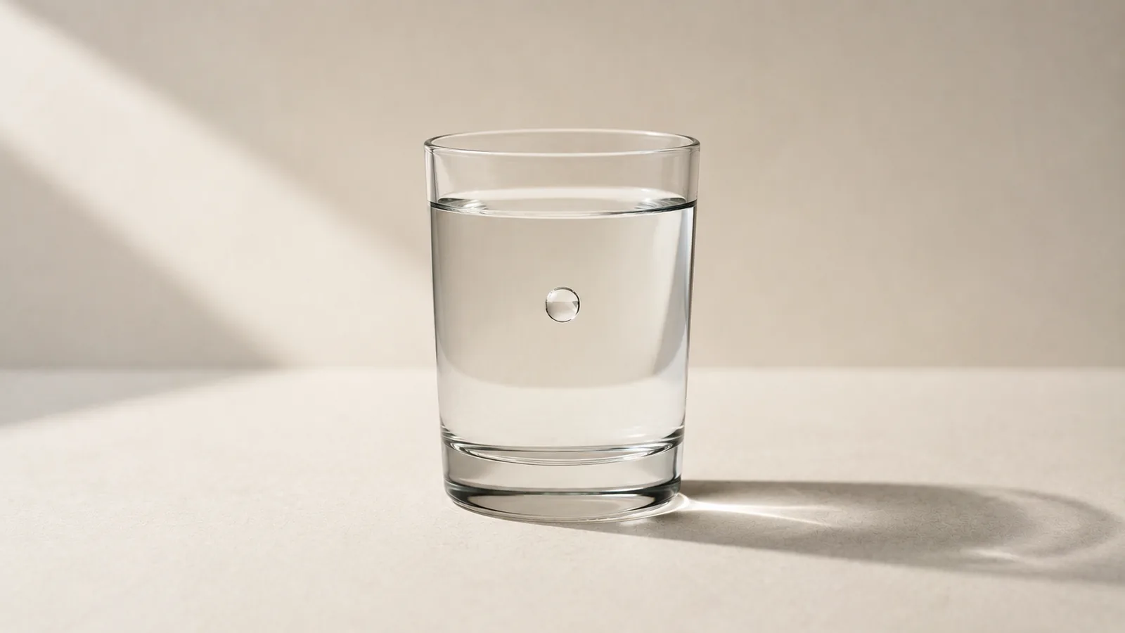 A glass of water with one bubble suspended in the middle.