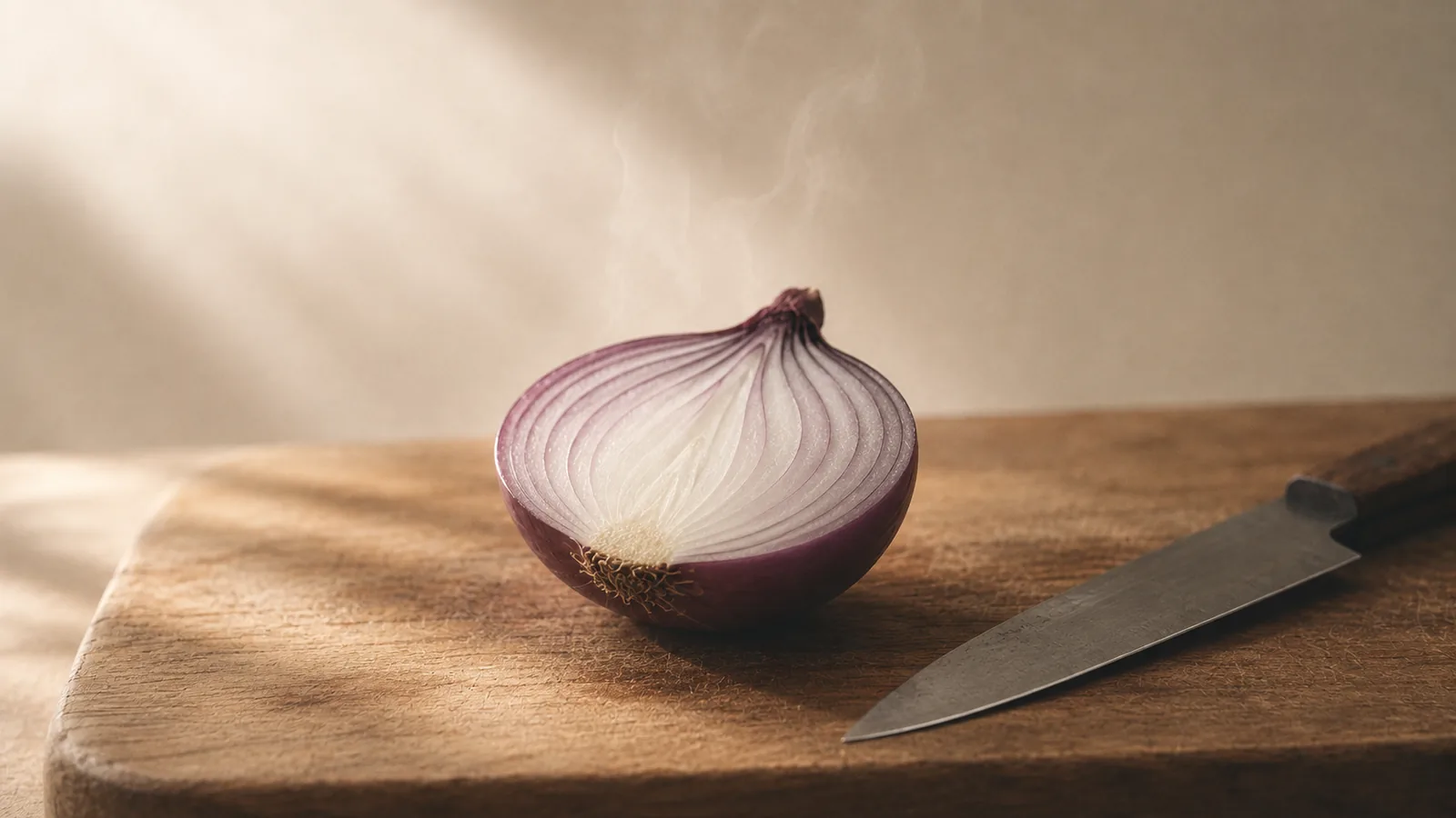 A halved onion on a board with faint vapour rising and a knife beside it.