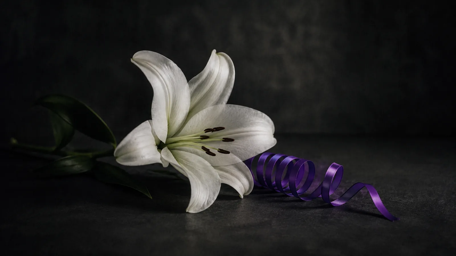 A white funeral lily beside a curled violet party streamer.
