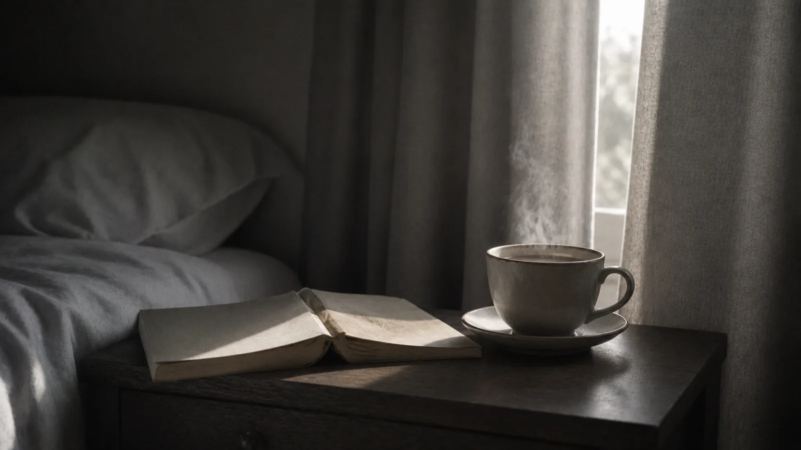 A steaming cup of tea beside a face-down open book at dawn.