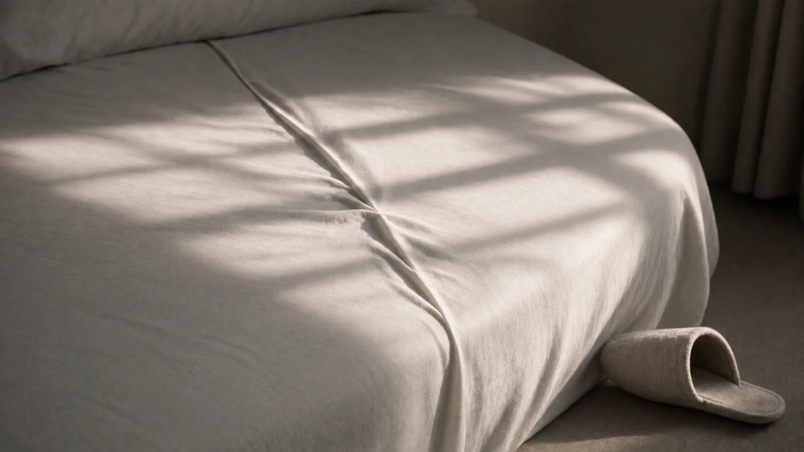 A bedsheet with a sharp sudden crease and a slipper knocked over beside it.